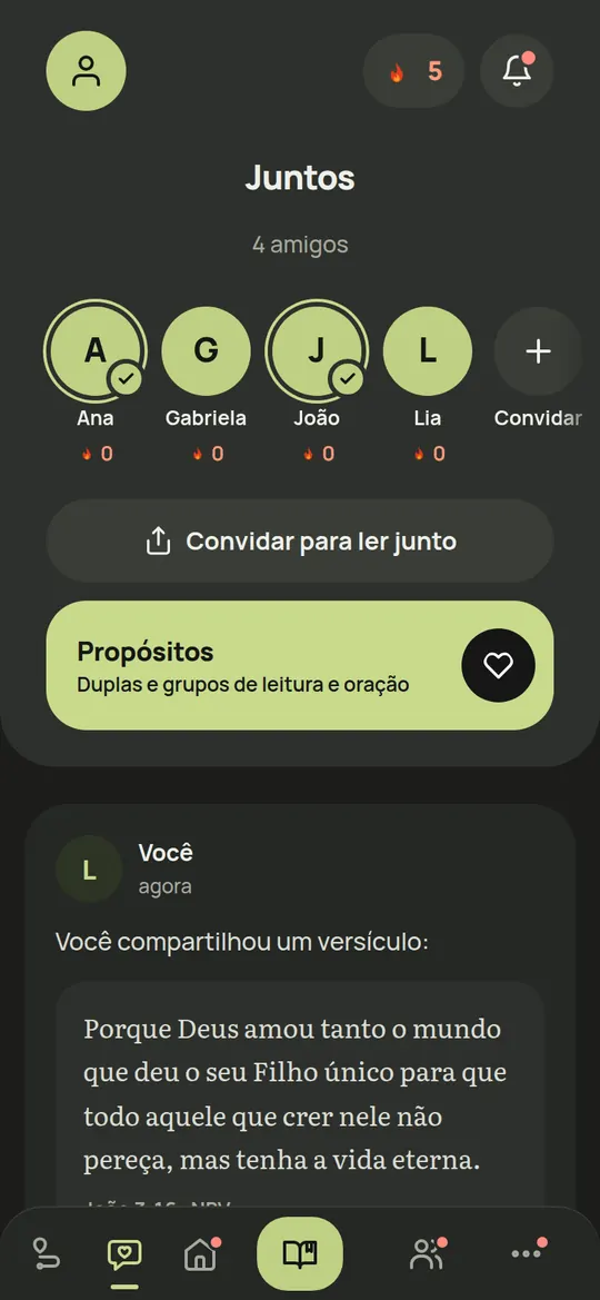 Tela Juntos do app: os amigos que leem junto, o convite para ler junto e os propósitos de leitura e oração