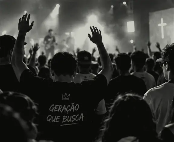 Jovens num culto, de mãos levantadas; um deles veste a camiseta Geração que busca